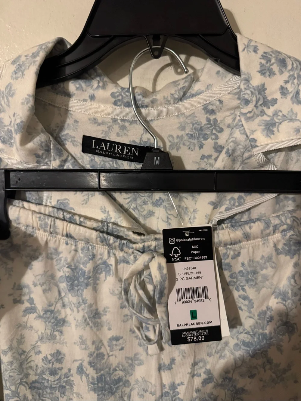 Lauren Ralph Lauren White Pajama Set with Blue Floral Print